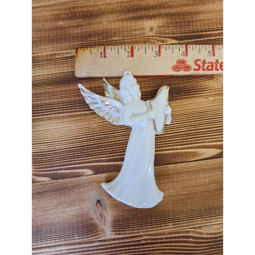 Vintage Enesco‎ angel with Harp E-9032 gold Flat Back christmas Ornament Hanging
